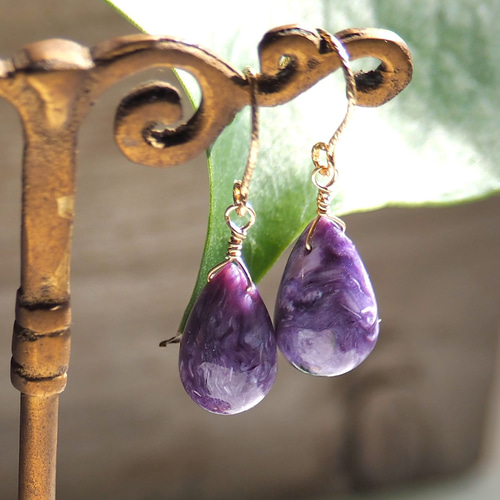 大粒チャロアイトピアス 14kgf Charoite 一点物 ピアス（フック 