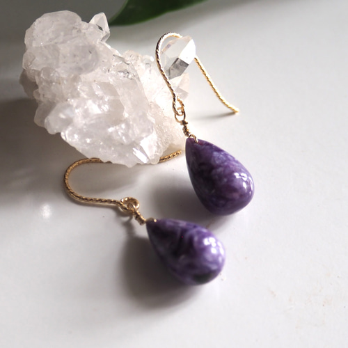 大粒チャロアイトピアス 14kgf Charoite 一点物 ピアス（フック 