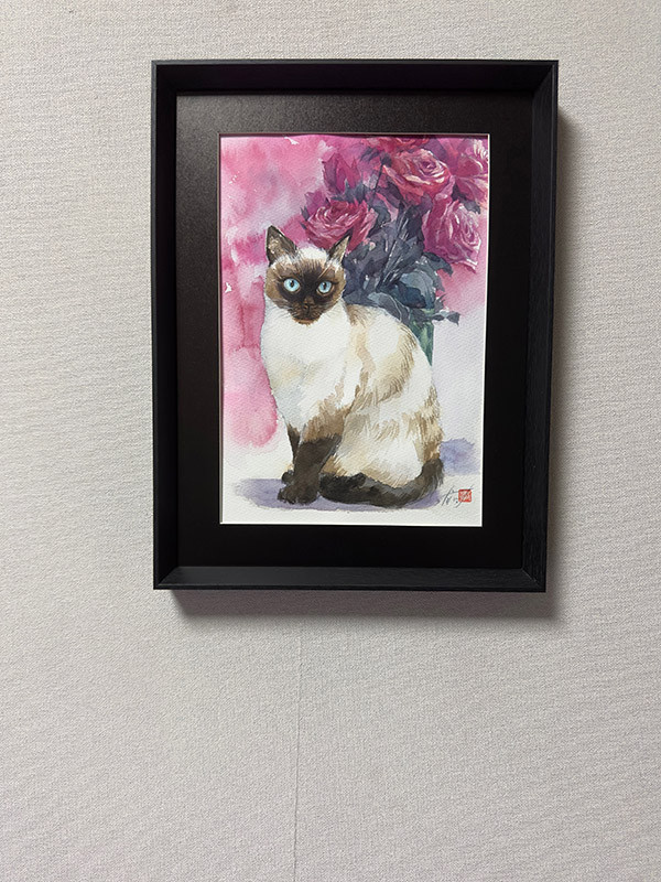 水彩アート「シャム猫と薔薇」手描き原画、1点物。送料無料