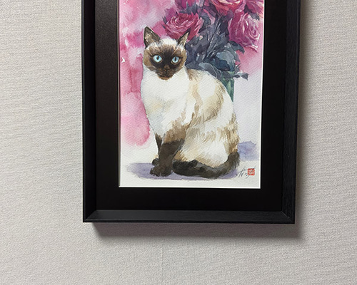 水彩アート「シャム猫と薔薇」手描き原画、1点物。送料無料。 イラスト