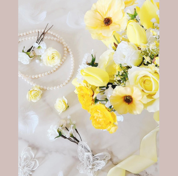 イエロー＆ホワイトの韓国風ブーケ　チューリップブーケ　ウエディングブーケ（造花）アーティフィシャルフラワー 10枚目の画像