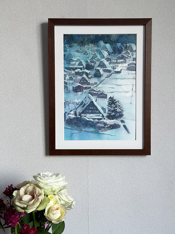 水彩アート「冬の集落 蒼」1点物、手描き真筆。 【公式通販】