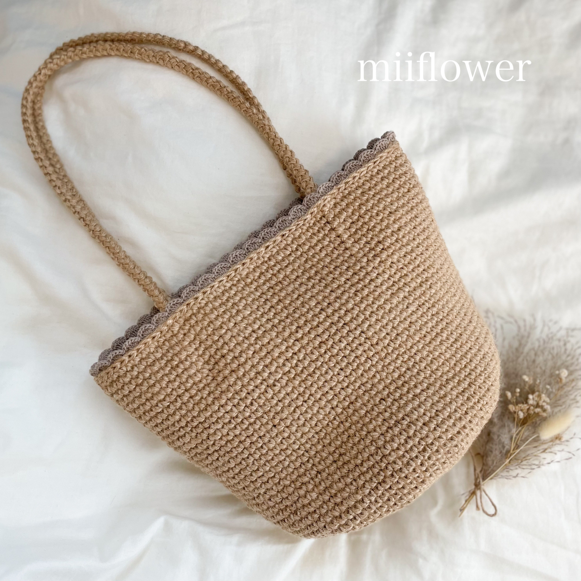 【受注制作】麻紐トートバッグ　かごバッグ　フラワーふちどり　ベージュ