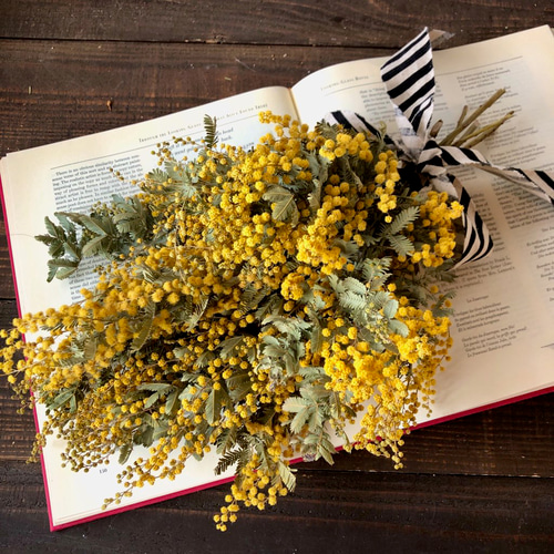 ミモザのバイアスストライプリボンスワッグ ドライフラワー スワッグ  