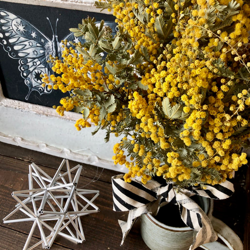 ミモザのバイアスストライプリボンスワッグ ドライフラワー スワッグ  