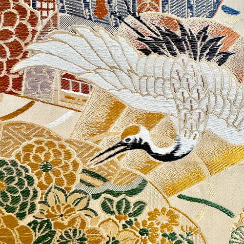 ⑯0666】190cm/昭和レトロ/鶴・笠松/帯リメイク品/タペストリー