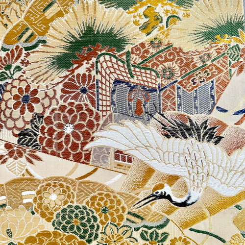 アンティーク 帯リメイク　鶴 柄テーブルクロス(約180cm) タペストリー大判 アンティーク 帯リメイク 鶴 柄テーブルクロス(約180cm) タペストリー