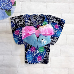 犬の浴衣✨犬用本格本染浴衣 紺×ピンク水色系 犬服 ペット服