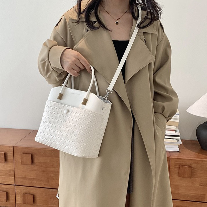 大容量編み片肩ハンドバッグ高級感通勤万能バケツバッグ