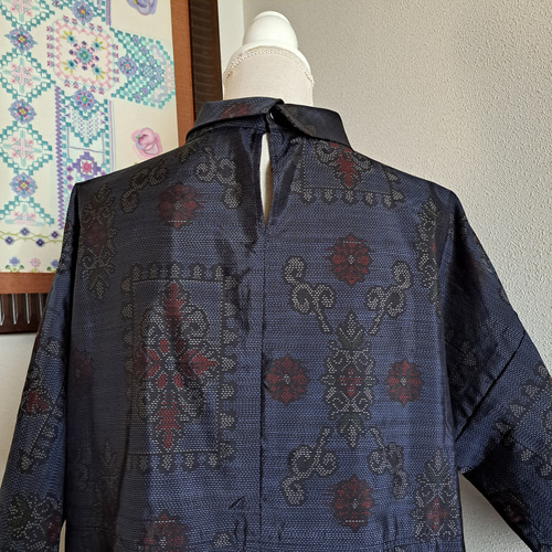 ☆ 着物リメイク/大島紬/一点もの/ロールカラーワンピ―ス