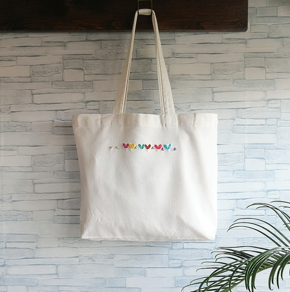 ハートの刺繍 レッスンバッグ トートバッグ エコバッグ オフホワイト M 