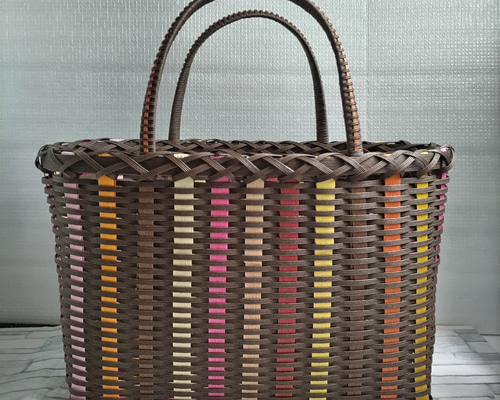 ハンドメイド ブラウン かごバッグ ワイドかごバッグ カラフルブラウン 《クラフトバンド》 かご
