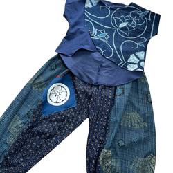 送料無料 着物リメイク 久留米絣 もんぺ バルーン ワイドパンツ 家紋