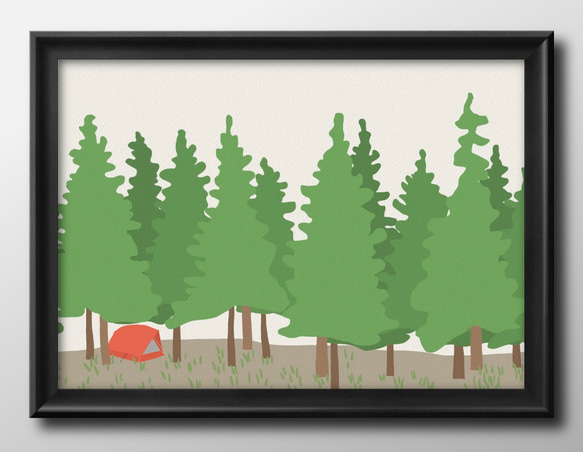 14873□ポスター アート 絵画『フォレストキャンプ 森 テント
