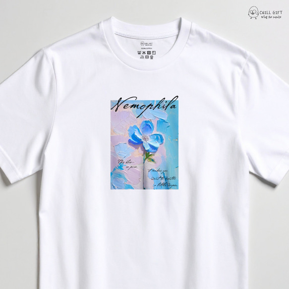 3色展開！】胸元の小さな絵画展~ネモフィラモチーフ~ 半袖Tシャツ お花