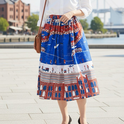 横浜捺染】港町の景色を纏う。空・馬車道・赤レンガのパノラマスカート