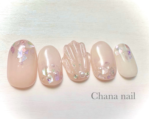 __99.idolページ ネイルチップ 送料無料》No.205 大人マーメイドネイル ホワイト ベージュ【両面