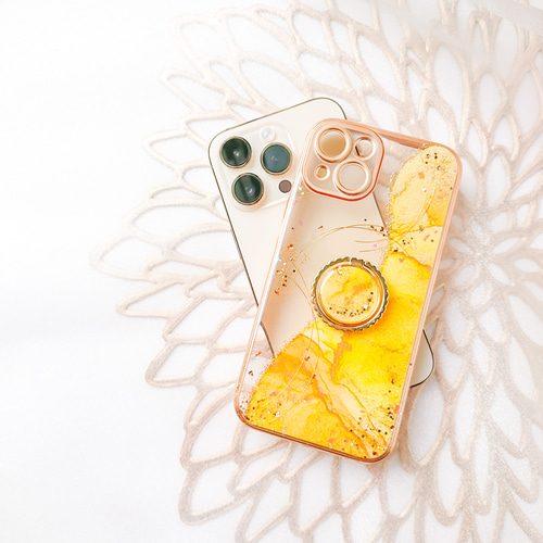 ひまわりカラーにゴールドを散りばめた 大理石風iPhoneケース  