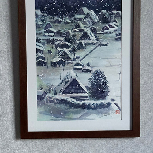 【即納】 水彩アート「冬の集落 深」1点物、手描き、真筆。 （Tips for 絵画
