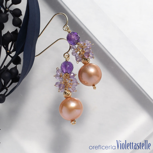 14kgf 淡水パールとアメシストのロングピアス