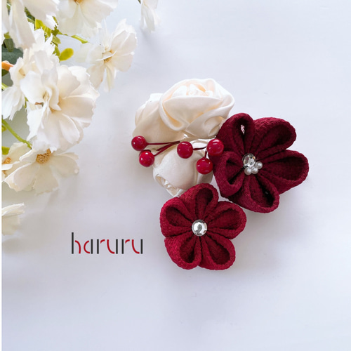 つまみ細工　髪飾り　ボルドー ブラック×ボルドー つまみ細工 髪飾りセット ≪成人式 卒業式