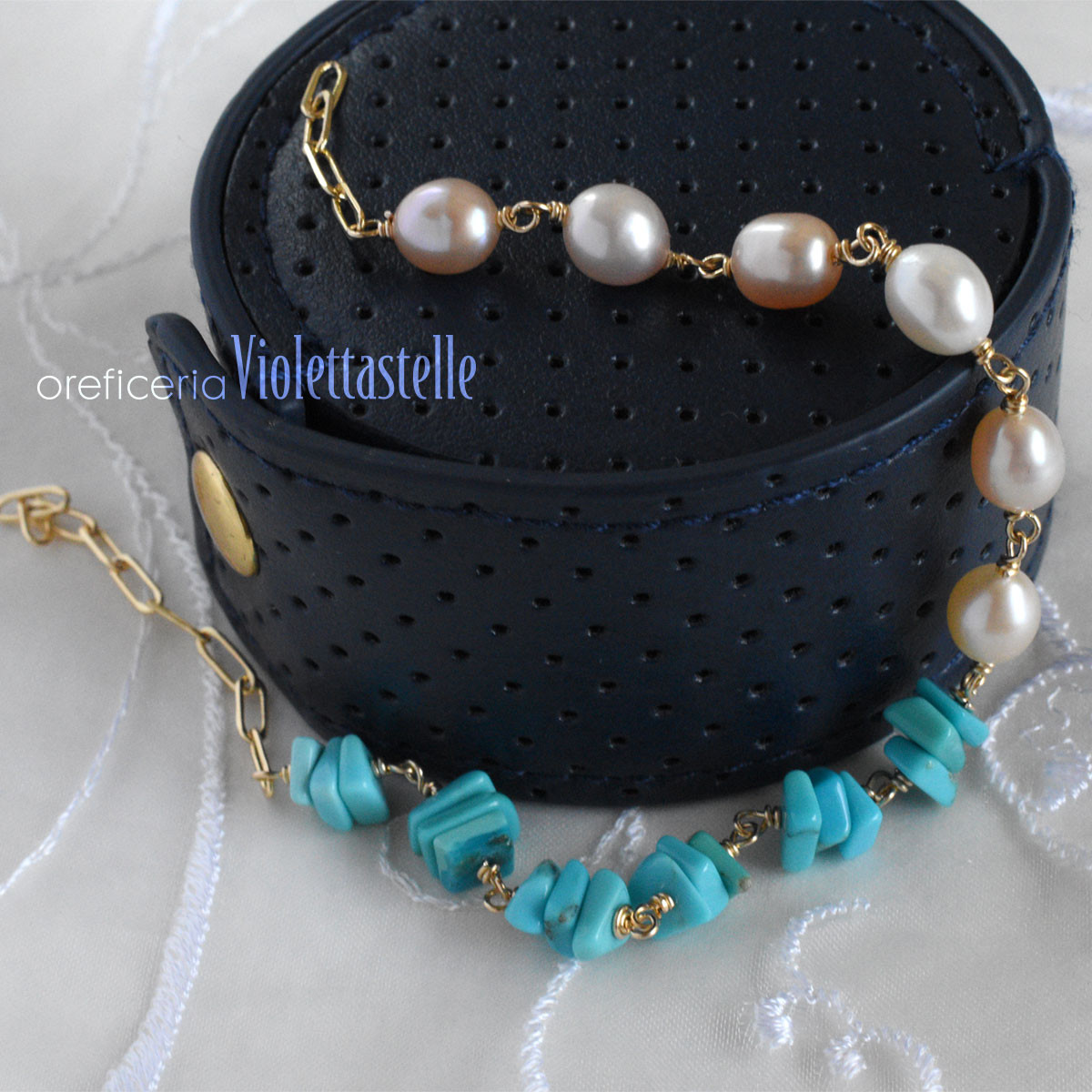 留め具が選べる14kgf ターコイズと淡水パールのブレスレット