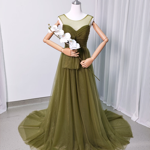 送料無料！カラードレス ノースリーブ 編み上げ ソフトチュール リボン  