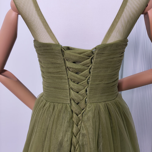 送料無料！カラードレス ノースリーブ 編み上げ ソフトチュール リボン  