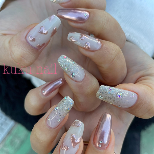 ハートミラー×ラメグラネイルチップ×キラキラ×韓国風 ネイルチップ