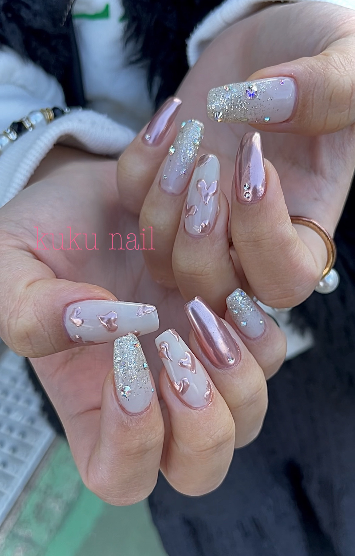 ブラウンハート×ラメ ネイルチップ ハートミラー×ラメグラネイルチップ×キラキラ×韓国風 ネイルチップ