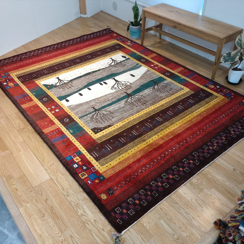 新品　ペルシャ絨毯　手織り　ギャッベ　キャシュクリ円形　(015)風景　カラフル 新品 ペルシャ絨毯 手織り ギャッベ キャシュクリ形 (015)風景