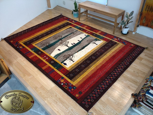 新品　ペルシャ絨毯　手織り　ギャッベ　キャシュクリ円形　(015)風景　カラフル 新品 ペルシャ絨毯 手織り ギャッベ キャシュクリ形 (015)風景