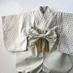 ベビー袴／完成品即納70~80/男の子女の子 和柄 金の麻の葉xくすみグリーン 5枚目の画像