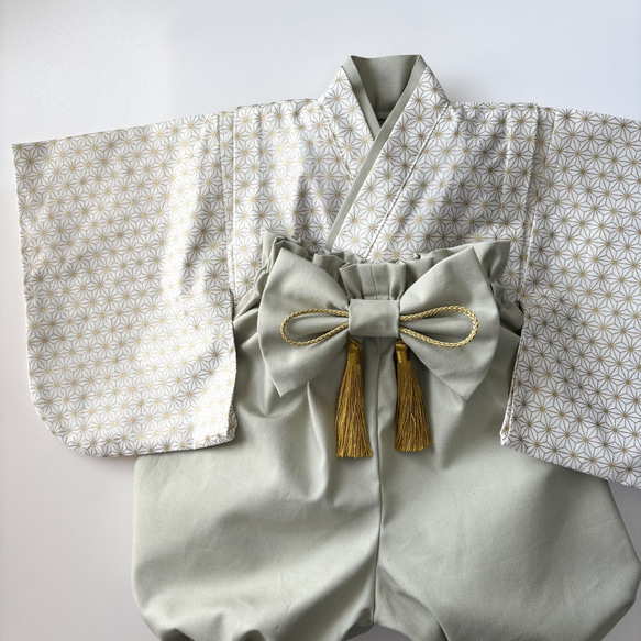 ベビー袴／完成品即納70~80/男の子女の子 和柄 金の麻の葉xくすみグリーン 5枚目の画像