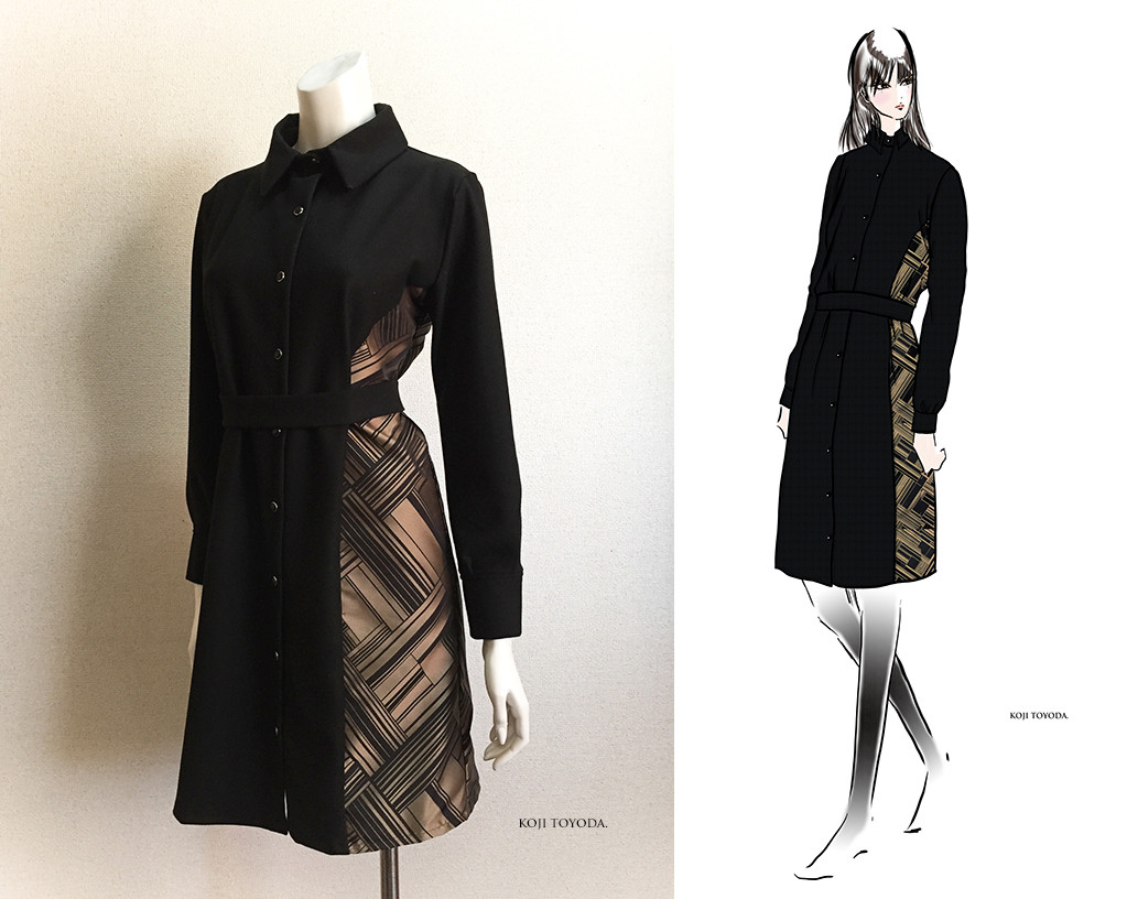 【1点もの・デザイン画付き】光沢ジャガード＆ストレッチツイル生地アシメトリーワンピース（KOJI TOYODA）