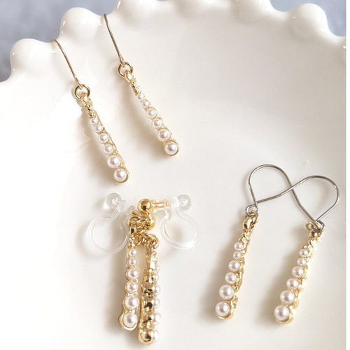 ロングパール ピアス/イヤリング ・樹脂ノンホールピアス・金属