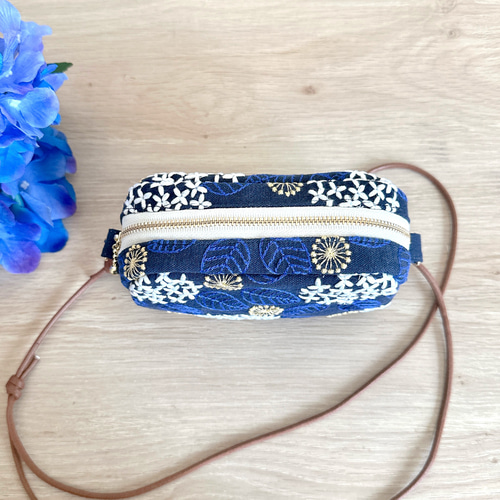 紫陽花柄 刺繍リネンのミニバッグポーチ/ポシェット【紫陽花2025