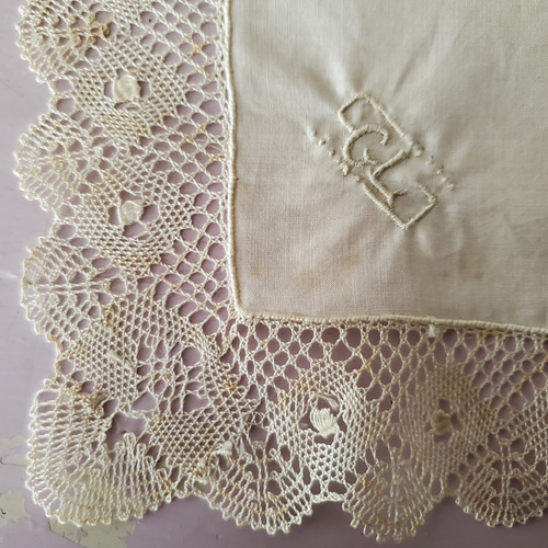 フランスヴィンテージ ボビンレースハンカチ イニシャル刺繍 GL