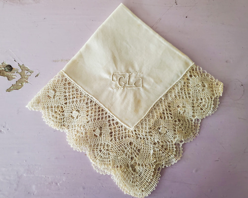 フランスヴィンテージ ボビンレースハンカチ イニシャル刺繍 GL レース