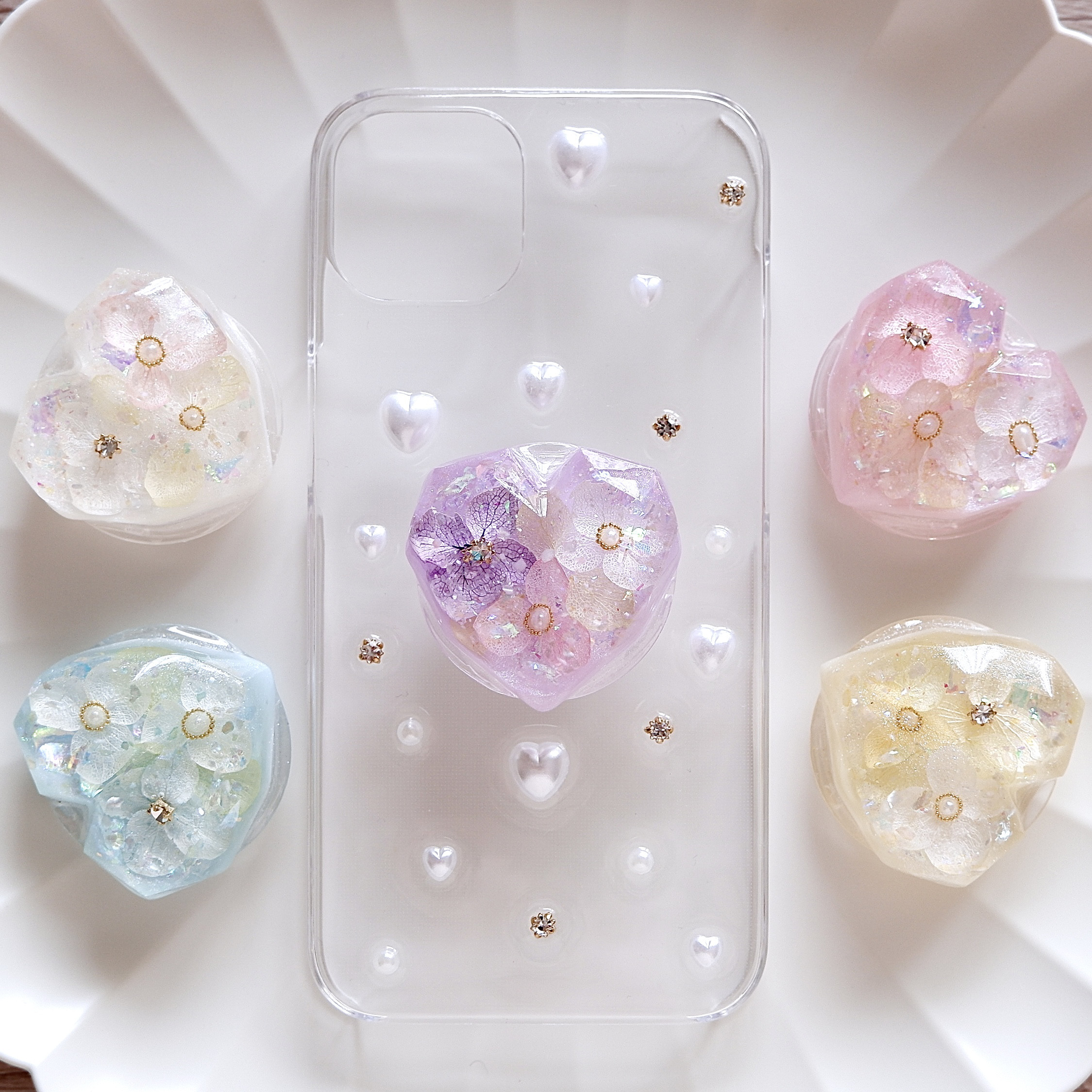 ❁スマホグリップ付き❁【全機種対応】紫陽花ハートジュエル❁.*･ﾟスマホケース