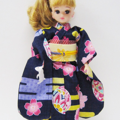 リカちゃん用着せ替え服】ウサギとさくら柄の着物・桜・振袖・帯