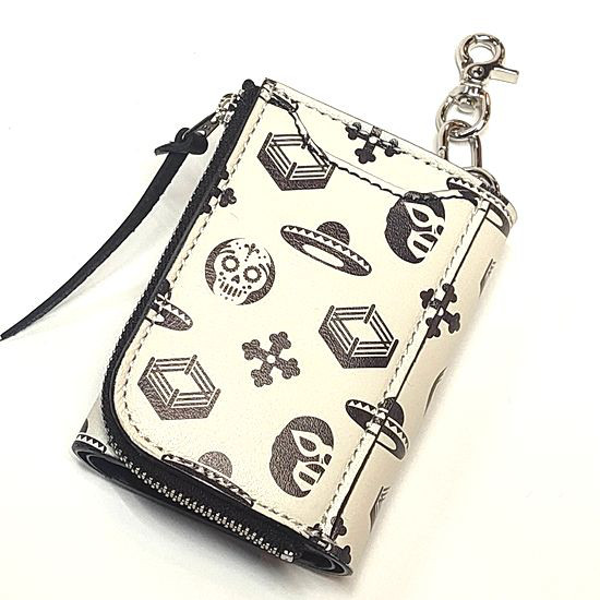 ヌメ革 本革 6連キーケース/コインケース ルチャリブレ マスクマン総柄 コンパクト財布 ミニ財布 ホワイト　ブラック
