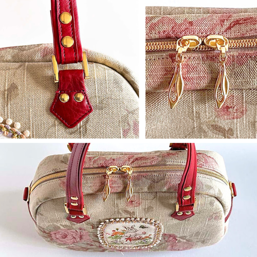 即納】愛らしいうさぎの絵柄でレトロな花柄ボストンバッグ ボストン