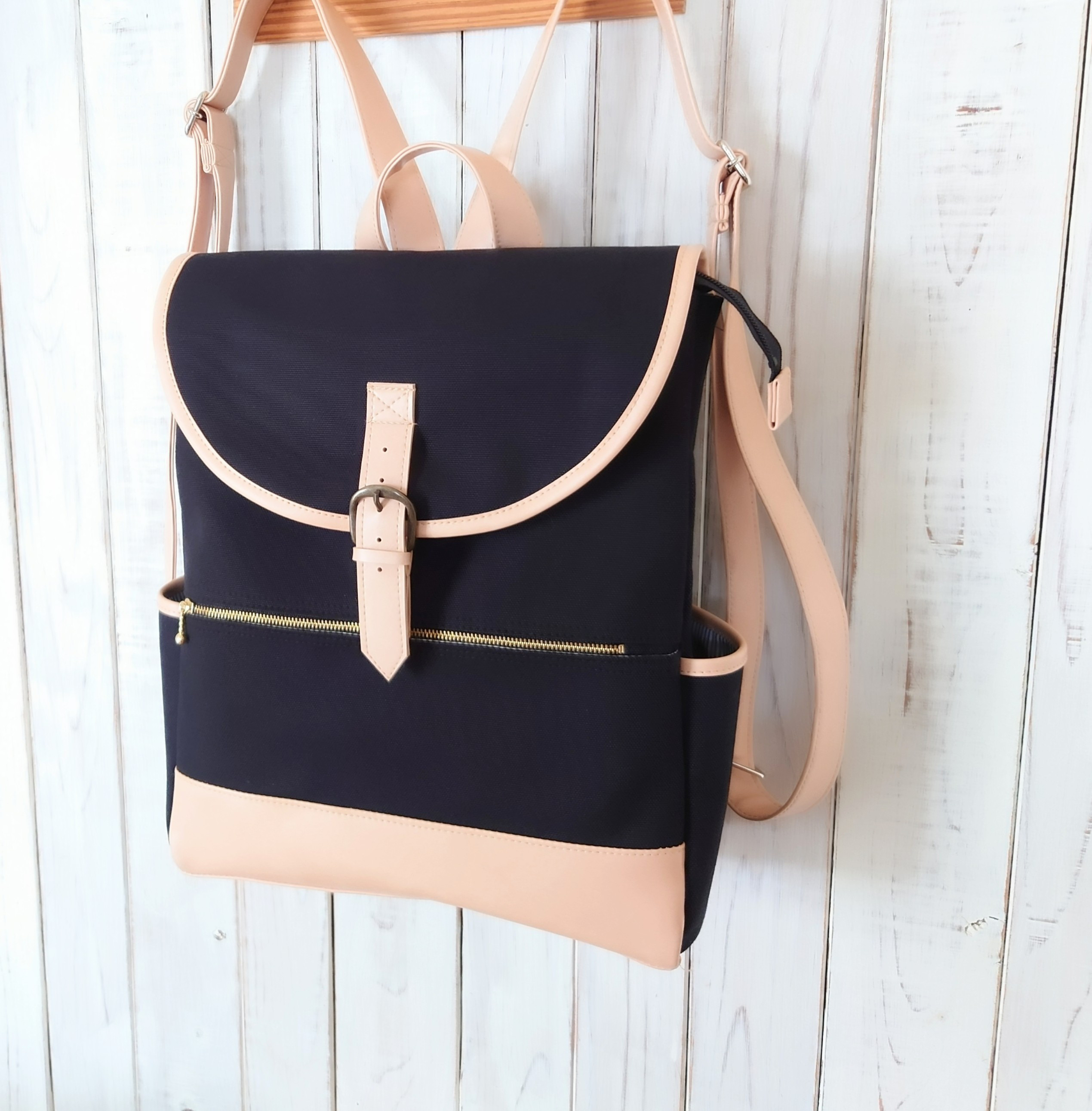 A4ファイル対応8号黒帆布とベージュ合皮の四角いリュック＋バックF-2（ふた付き）（3way）