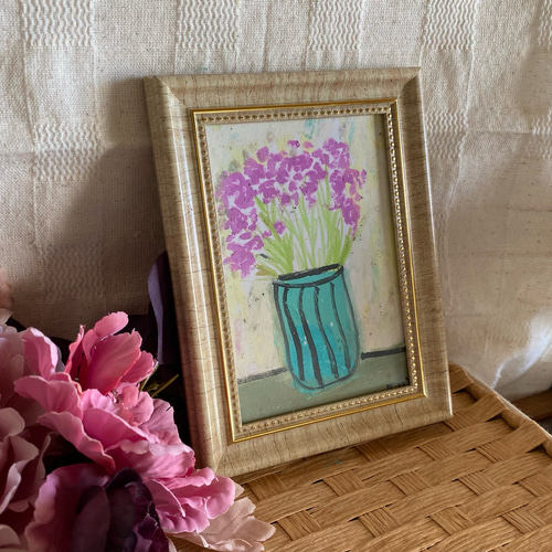 絵画。原画手描【花瓶の中の美しい星のように散る花】 絵画 アカザ麦