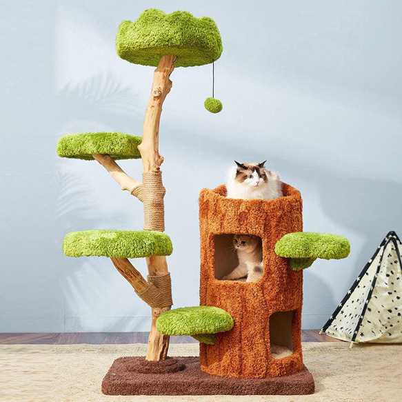 【SALE新品】ベッド付き天然木無垢材キャットタワー多猫世帯据え置き型 木にのる】ベッド付き天然木無垢材キャットタワー多猫世帯