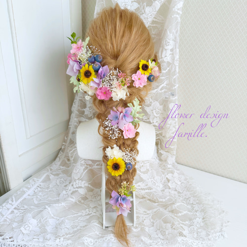 半量】 髪飾り ウェディング 浴衣 夏祭り ✧ ひまわり×ピンク×紫