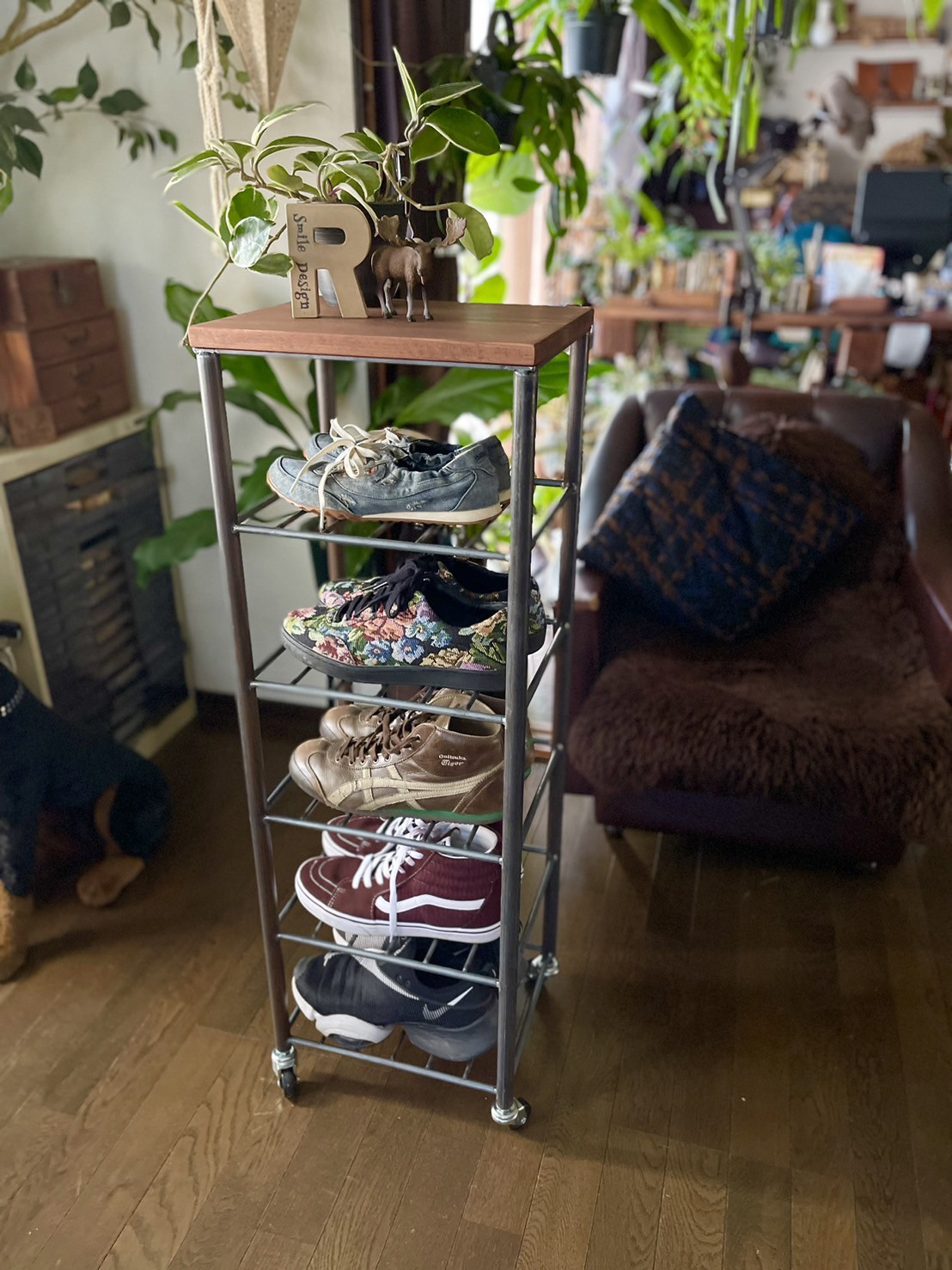 アイアン6段シェルフ　シューズラック　オーダーメイド　ハンドメイド　男前家具　アイアン家具　インダストリアル　無垢材