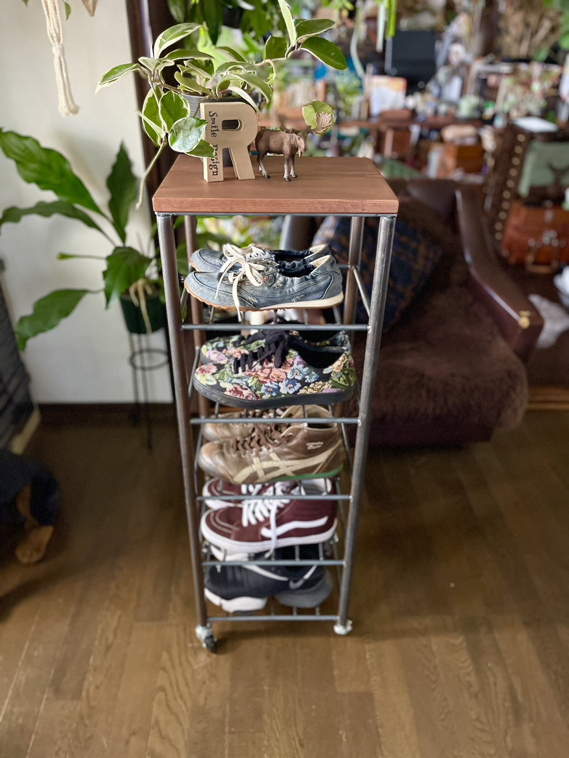 アイアン6段シェルフ　シューズラック　オーダーメイド　ハンドメイド　男前家具　アイアン家具　インダストリアル　無垢材