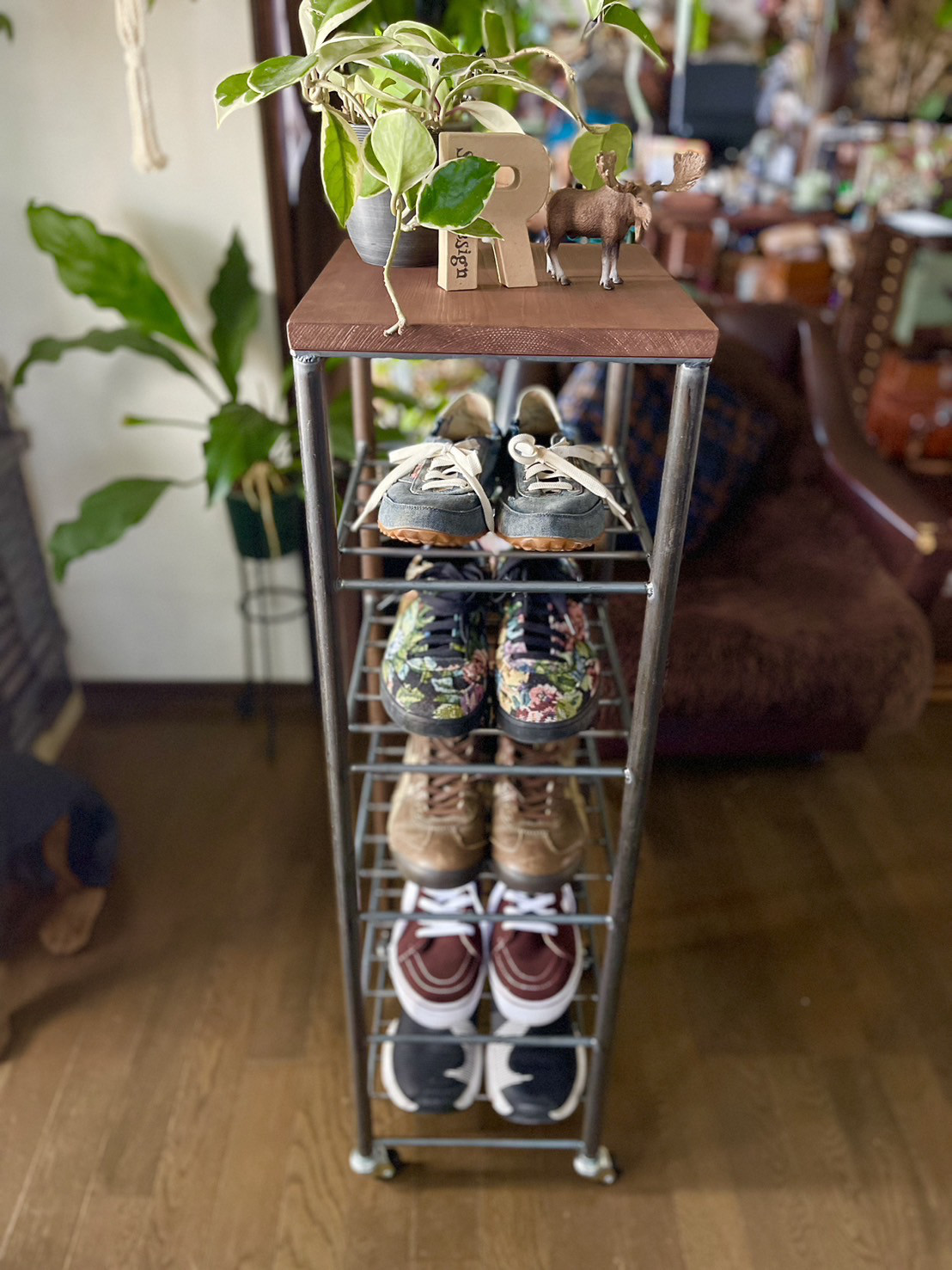 アイアン6段シェルフ　シューズラック　オーダーメイド　ハンドメイド　男前家具　アイアン家具　インダストリアル　無垢材